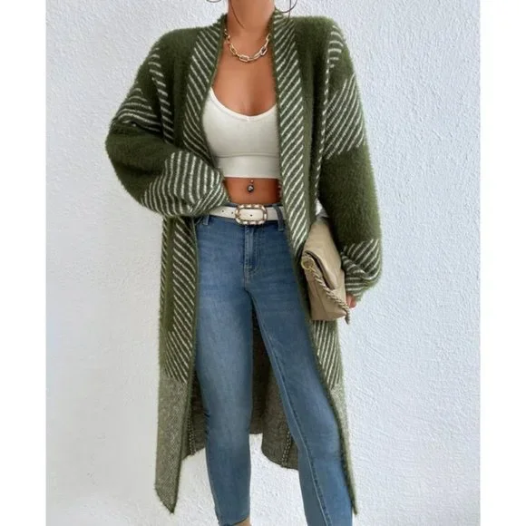 open front striped print fuzzy sweater knit duster cardigan green - Picture 6 of 7